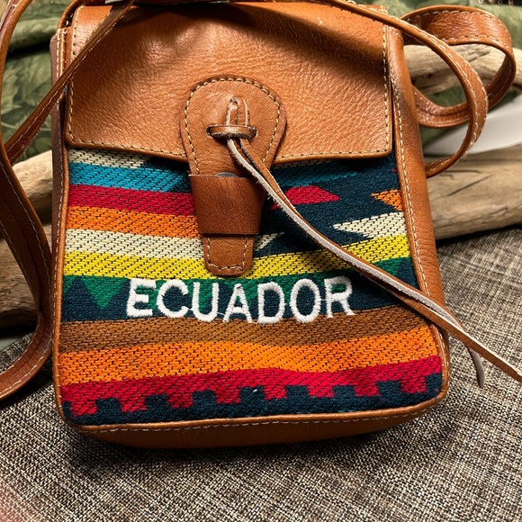2448-HMT Equador Colorful Woven Wool & Brown Leather Crossbody Bag Preowned - Picture 3 of 8